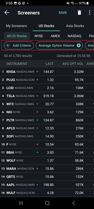 The MultiSort Screener Results on the Android Phone